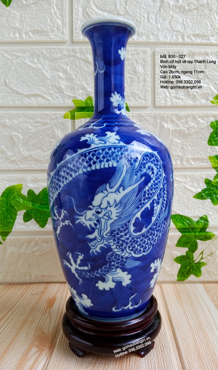 Bình Cổ Hút Vẽ Tay Thanh Long Vờn Mây
